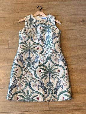 J. McLaughlin Cream Shell with Green & Blue Botanical Embroidery Dress